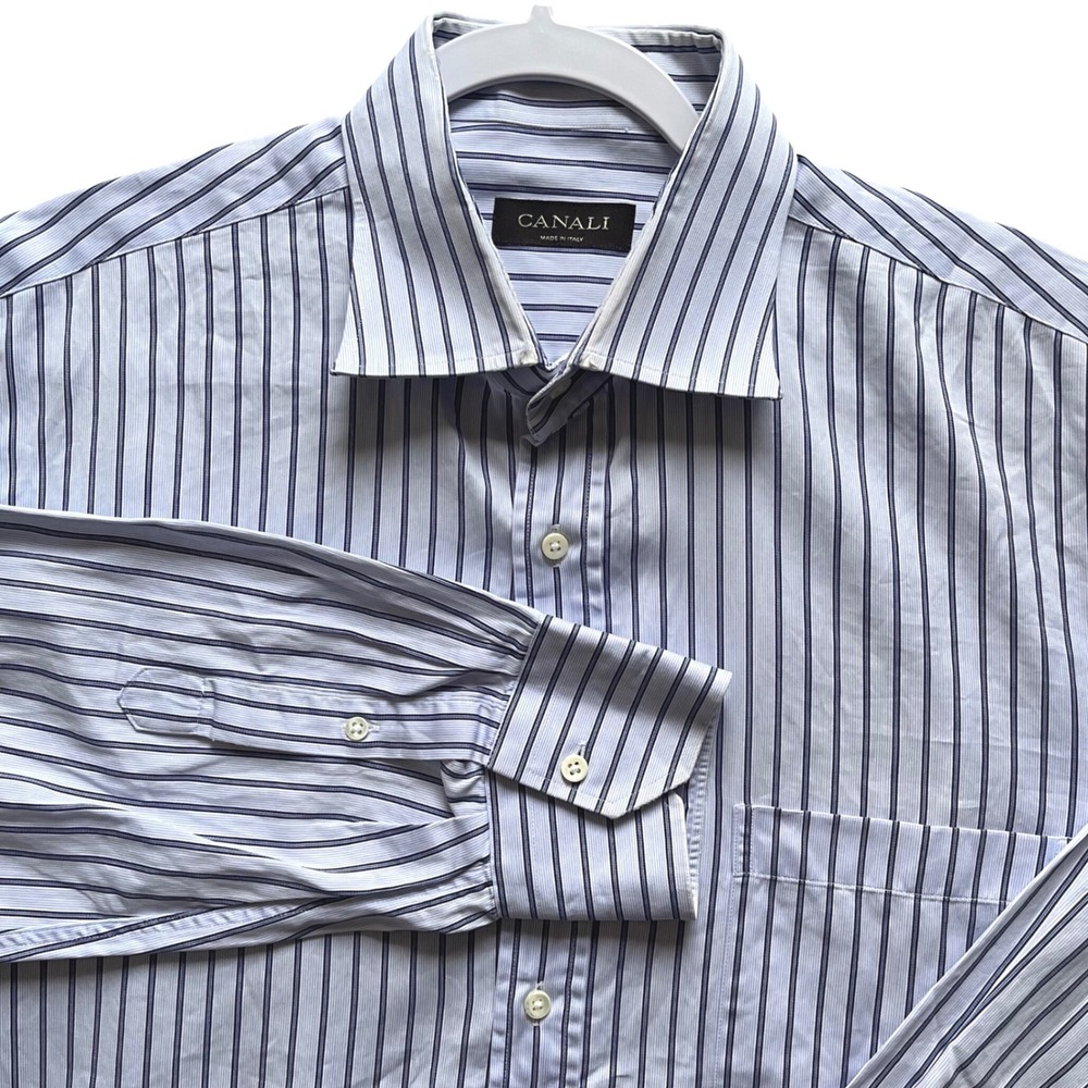 Canali Dress Shirt Mens 17-43 Blue Striped Spread Collar Cotton Made in Italy